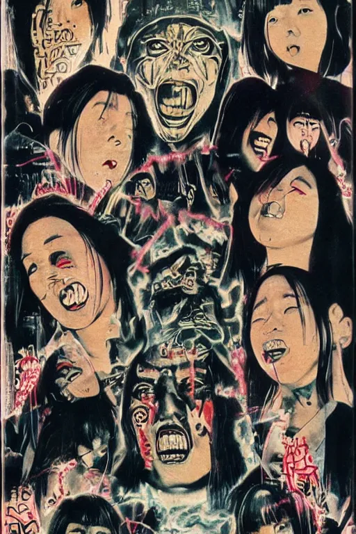 Image similar to graffiti japanese horror vhs cover art, detailed facial expressions