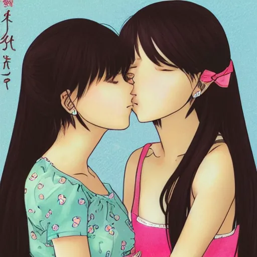 Image similar to portrait of two girls kissing, detailed manga art