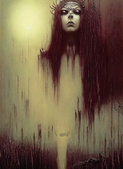 Image similar to portrait of majestic dark necromancer queen by Beksinski and Luis Royo