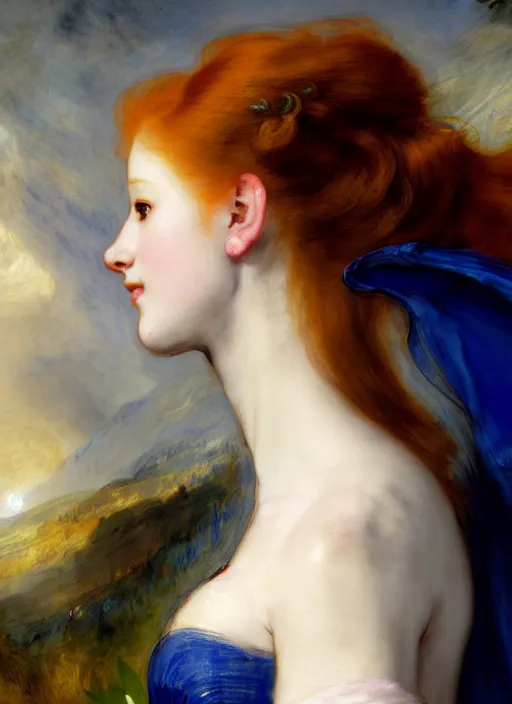 Prompt: closeup face profile portrait of a young redhead pale woman in dark and blue princess dragon armor, next to a neoclassical palace, in a scenic environment. by henriette ronner - knip, by william henry hunt, by rembrandt, by joseph mallord william turner, by konstantin razumov, concept art,