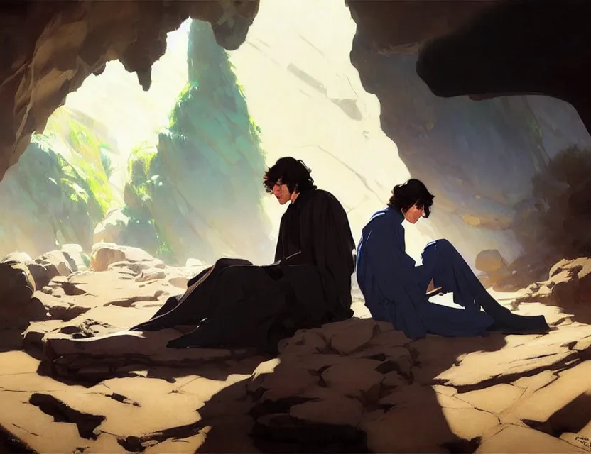 Image similar to ben solo and rei sitting together in a large dark cave, tired, painted by krenz cushart, mucha, ghibli, by joaquin sorolla rhads leyendecker, by ohara koson