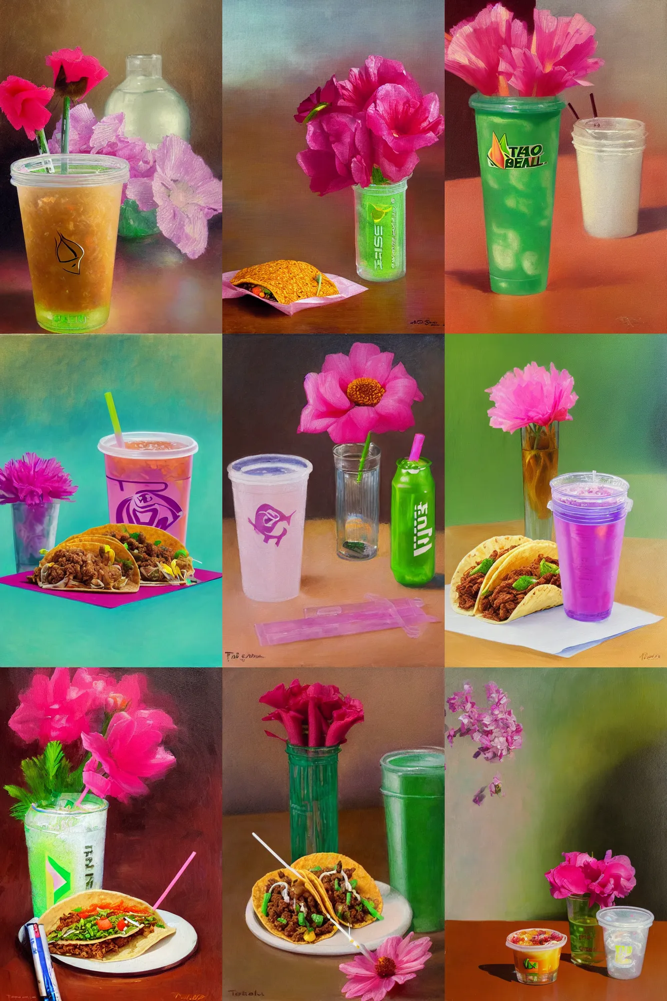 Prompt: taco bell meal with mountain dew in a clear plastic cup with straw next to a single pink flower in a glass jar in front of brown background, oil painting, impressionism