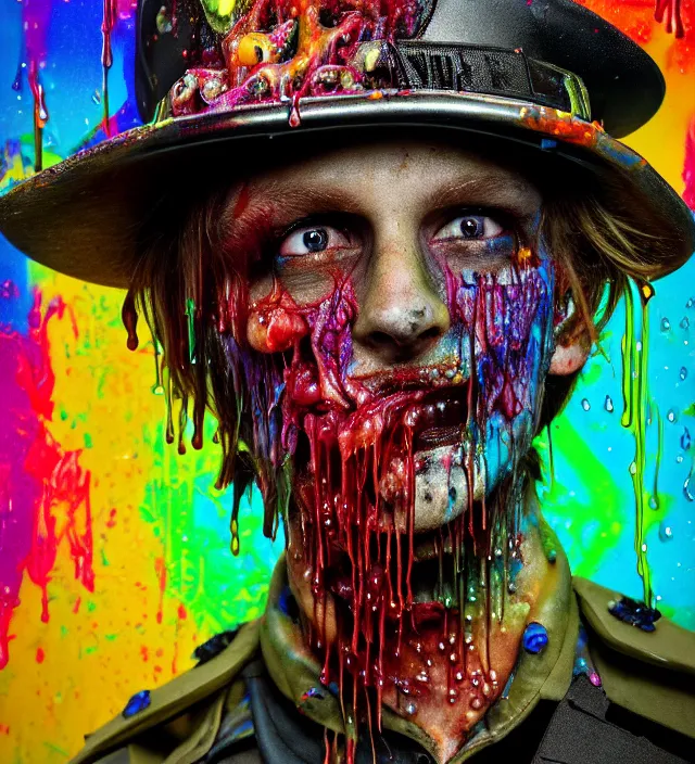 Prompt: beautiful 3 5 mm photograph of a slimy rotting zombie wearing a police uniform and police hat covered in colorful wet goop, dripping with colorful liquid, policeman, cop, biocop, intricate details, dark ambient, service cap, atmospheric, movie poster, poster, horror, elegant, super highly detailed, professional digital photo, artstation, concept art, 8 k