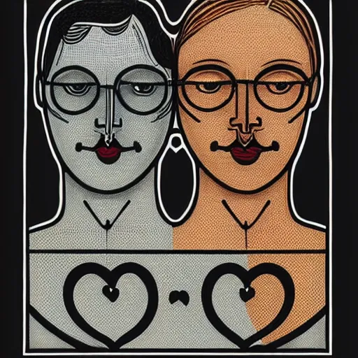 Prompt: perfectly centered symmetrical split male and female portrait of man and woman in love sharing one heart. illustration, highly detailed, simple, no jagged lines, smooth, artstation, artwork by ravi zupa