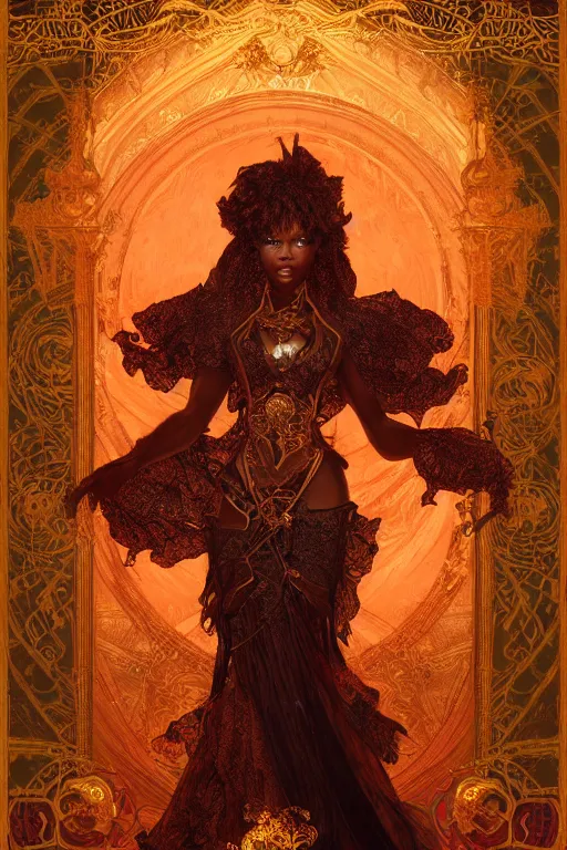 Image similar to tarot card artstation, portrait of a black love dancer, sunrise, baroque ornamnet and rococo ornament, ancient chinese ornate, hyperdetailed, beautiful lighting, craig mullins, mucha, klimt, yoshitaka amano, red and gold and orange color palatte