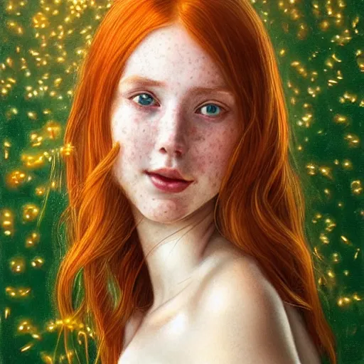 Prompt: a highly detailed, hyper realistic, red haired young woman, among golden fireflies, with long hair, green eyes, hint of freckles, round gentle face, tilted head, cheeky smile, deep focus, elegant, digital painting, smooth, sharp focus, golden ratio, illustration, ultra realistic, 8 k, art by artgerm and caravaggio