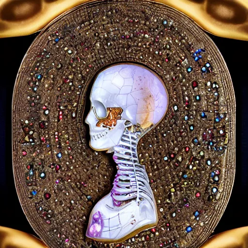 Prompt: half female half android laid down with visible gems inlaid in skin with anatomic description, antique style, skeleton, gems, cameo, gold, 8k, details, studio lighting, realism, complex lights