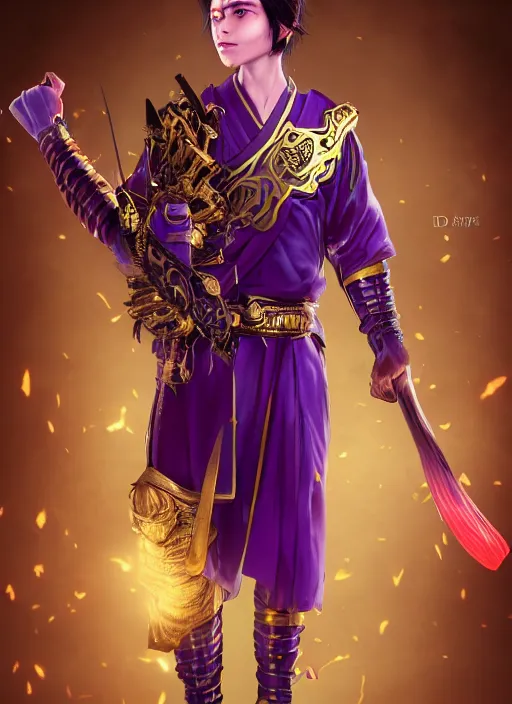 Image similar to An epic fantasy comic book style portrait painting of teenager boy with straight indigo hair, purple eyes with red eye markers, slim body, wearing a detailed Japanese kimono with golden armor pieces, holding a pair of fans. Unreal 5, DAZ, hyperrealistic, octane render, cosplay, RPG portrait, dynamic lighting