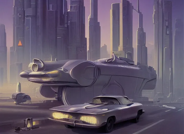 Image similar to a car! driving down a street next to tall buildings, cyberpunk art by Chesley Bonestell, cgsociety, retrofuturism, matte painting, reimagined by industrial light and magic