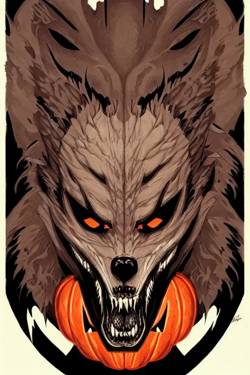 Prompt: concept art design illustration, halloween, werewolf, vampire, hunter, 1 6 colors, logo, ink drawing, art by jc leyendecker and sachin teng