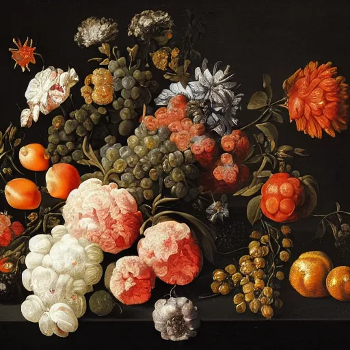 Image similar to a painting of flowers and fruit on a black background, a flemish baroque by jan davidsz. de heem, shutterstock contest winner, baroque, flemish baroque, dutch golden age, rococo