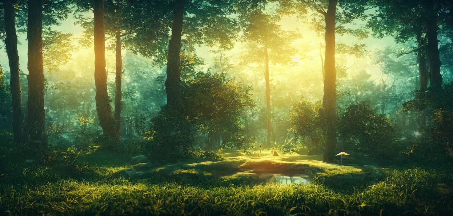 Prompt: landscape, octane render, illustration, storybook illustration, bokeh, cinematic, glamor shot, cinematic lighting, ray tracing reflections, woodland, cinematic