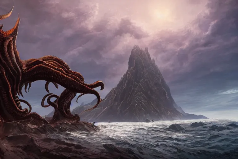 Image similar to giant Cthulhu, photorealistic, long shot, epic, horizon mountain over water by Andree Wallin