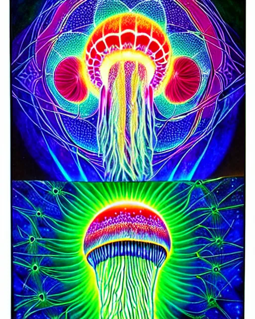 Image similar to detailed realistic geometric glow painting a jellyfish portal emitting light in the cosmos by alex grey symmetry underwater in the cosmos