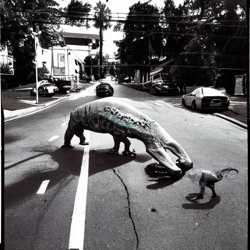 Image similar to 1 9 9 3, disposable camera, flash, suburbia street, giant reptile creature walking, meat, ooze, slime, veins, wet