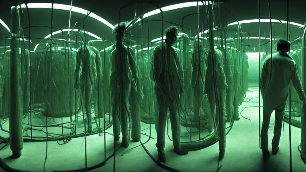 Image similar to a mad scientist in his lab, giant vats of green liquid line the walls, film still from the movie directed by denis villeneuve and david cronenberg with art direction by salvador dali and zdzisław beksinski, wide lens