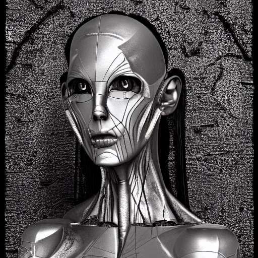 Image similar to 3 d chromium and graphite render of a cyborg machina - nymphette, portrait by tony diterlizzi and h. r giger, ilford hp 5, 5 5 mm, hyper realistic, hyper - mechanistic by artgerm, gustav dore, steve belledin, gothcore, disturbia, joseph christian leyendecker