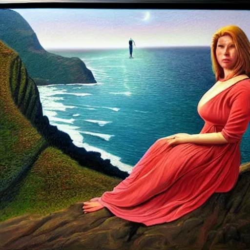 Image similar to a painting of a woman sitting on a cliff, a character portrait by barclay shaw, cg society, fantastic realism, official art, 1 9 9 0 s, academic art
