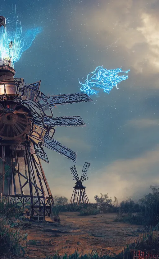 Prompt: a steampunk windmill, robot, blue fire, ash rain, electricity lightning, concept art, sharp focus, intricate details, highly detailed, disney pixar, octane render, iridescent, anime, 8 k, bokeh