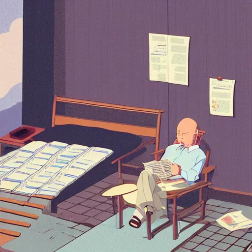 Image similar to old balding japanese man with white shirt, sitting on a chair and reading newspaper while looking at the ceiling of his room by studio ghibli, fujita goro, atey ghailan, tom whalen, jean giraud