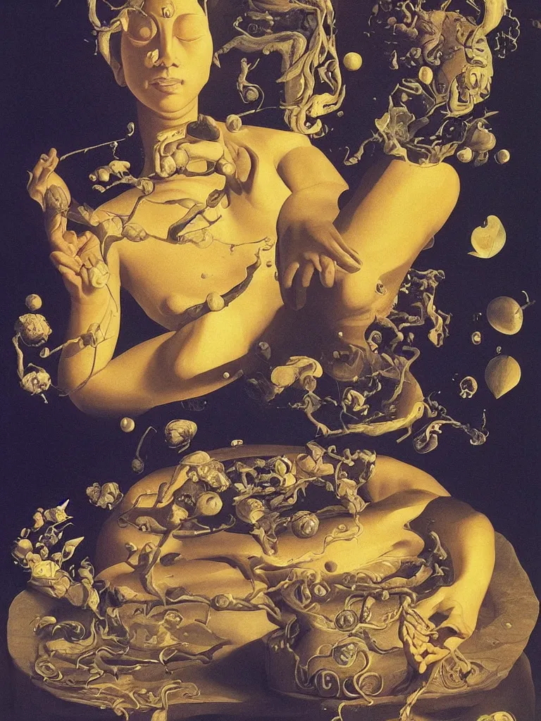 Prompt: hyperrealistic still life painting of a boddhisatva goddess deity meditating and gently smiling, temple inside of a brain, slow motion exploding particle system, in a prismatic refracting prism, by Caravaggio, botanical print, surrealism, vivid colors, serene, golden ratio, by rene magritte