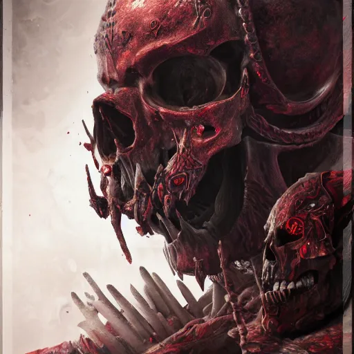 Image similar to blood for the blood god skulls for the skull throne, au naturel, hyper detailed, digital art, trending in artstation, cinematic lighting, studio quality, smooth render, unreal engine 5 rendered, octane rendered, art style by klimt and nixeu and ian sprigger and wlop and krenz cushart