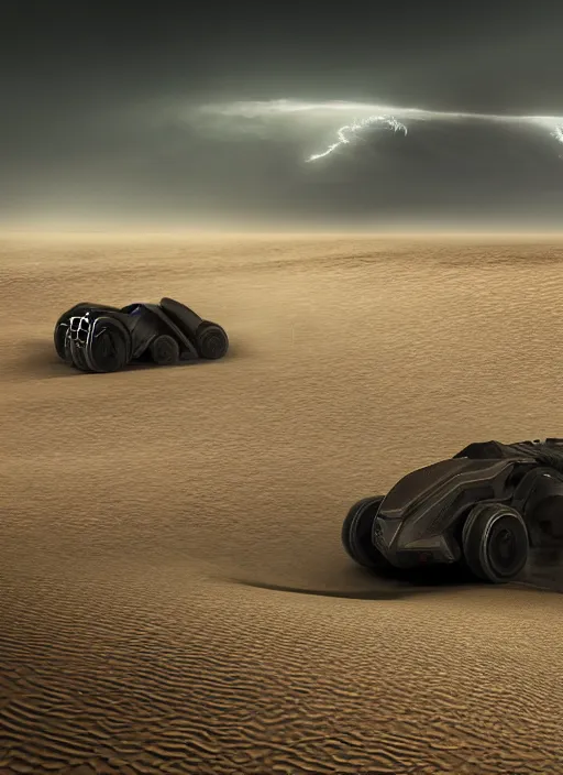 Image similar to 3 speeding quads on a dune in the desert in front of a huge stormcloud made of electric waste on the horizont , dust in the air, dark sun, concept art, dystopic, unreal, cineastic