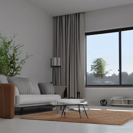 Prompt: a simple modern living room, cinema 4d render, Ray tracing reflection, natural light, Crepuscular rays,