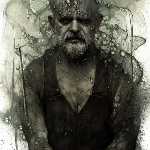 Image similar to wet collodion photography of innsmouth dweller mutant early xx century fisherman sailor old man with gills and scales creatures from the deep ocean by emil melmoth zdzislaw beksinki craig mullins yoji shinkawa realistic render ominous detailed photo atmospheric by jeremy mann francis bacon and agnes cecile ink drips paint smears digital glitches glitchart