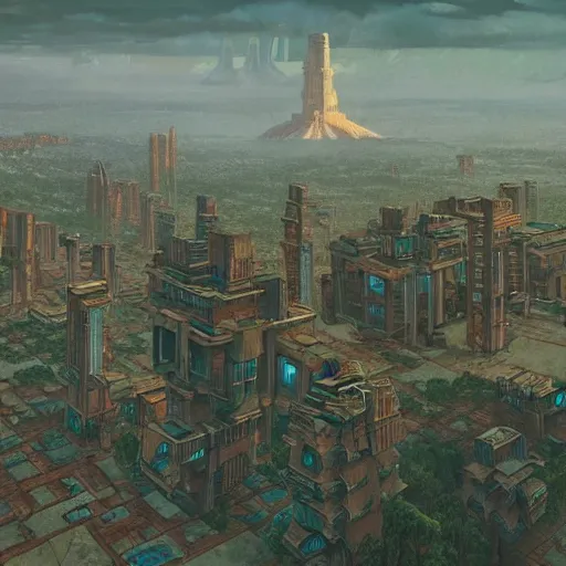 Image similar to mayan cyberpunk city in the center of redwood forest, viewed from a distance, shadow of the colossus screenshot by j. c. leyendecker, simon stalenhag, studio ghibli, and beksinski