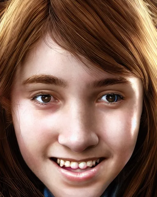 Image similar to close up portrait of 1 5 - year - old girl, smile with large front teeth, hermione granger, very bushy brown hair, and very bright brown eyes, wearing white shirt, hyper realistic face, beautiful eyes, character art, art by mark brooks, hyperdetailed, cryengine, trending on artstation, digital art