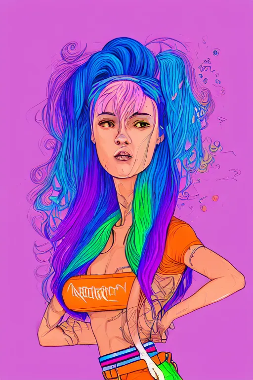 Image similar to a award winning half body portrait of a beautiful woman with stunning eyes in a printed croptop and cargo pants with rainbow colored ombre hairstyle head in motion and hair flying by josan gonzales, outrun, vaporware, shaded flat illustration, digital art, trending on artstation, highly detailed, fine detail, intricate