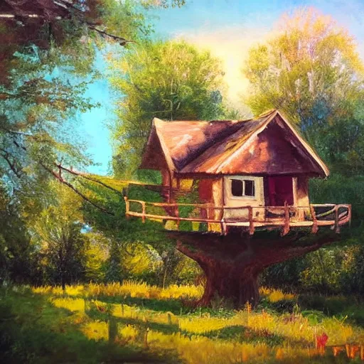 Image similar to treehouse in the countryside on a sunny day, peaceful, dreamy, brush strokes, oil painting