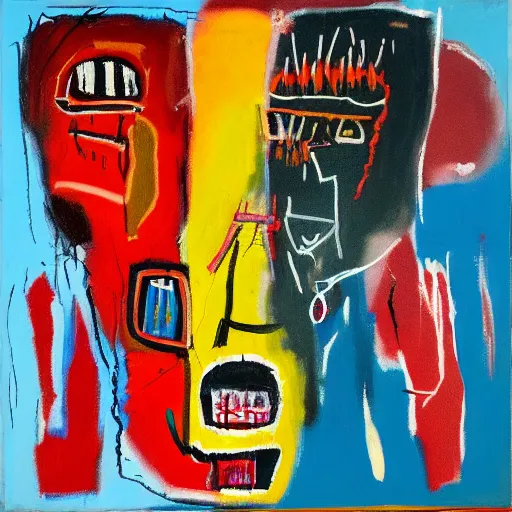 Image similar to bull and bear fighting, oil on canvas, basquiat style