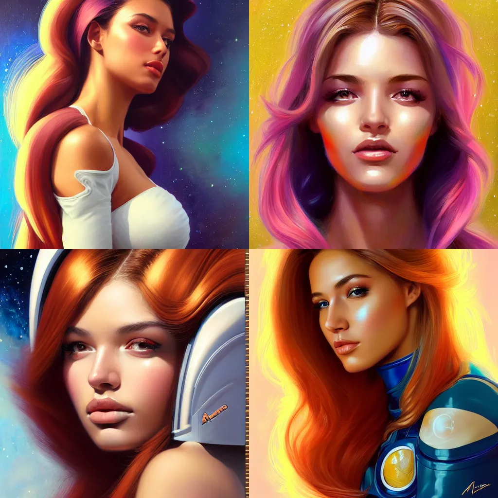 Prompt: a portrait of a very beautiful woman in a spacesuit, Alexandria\'s genesis, shoulder-length balayage ombré vibrantly colored hair, bored, illustration, soft lighting, soft details, painting oil on canvas by mark arian by artgerm, trending on artstation, 4k, 8k, HD