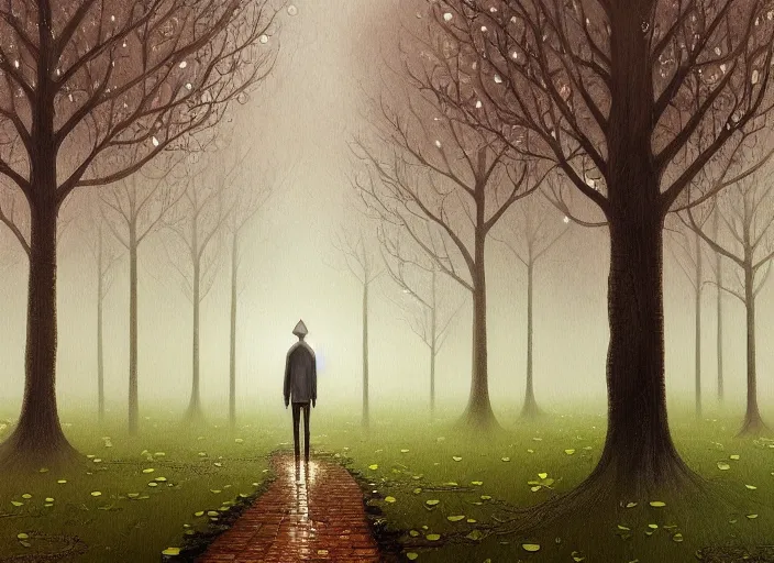 Image similar to A painting of a person standing in the rain surrounded by trees, a digital rendering by Gediminas Pranckevicius, Deviantart, digital art, 2D game art, detailed painting