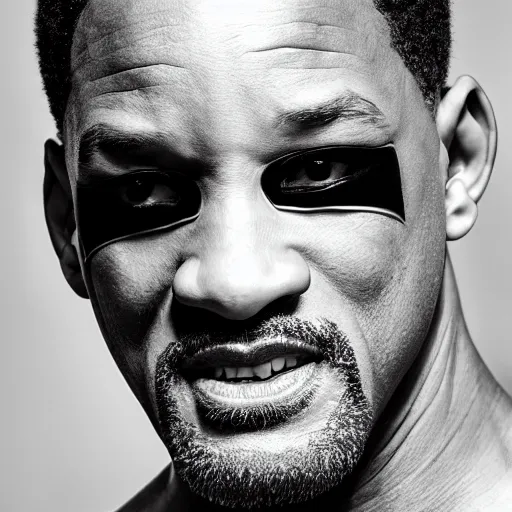 Image similar to of a photo of will smith as batman with a serious face looking at the camera, f 2. 8