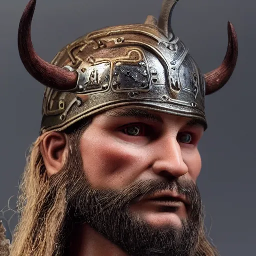 Image similar to of a viking from valhalla, wearing the horned helmet ultra fine detail, hair strands, ultra high resolution, fine texture detail, miniature painting techniques, perfect proportions, marvel cinematic universe, eric bana