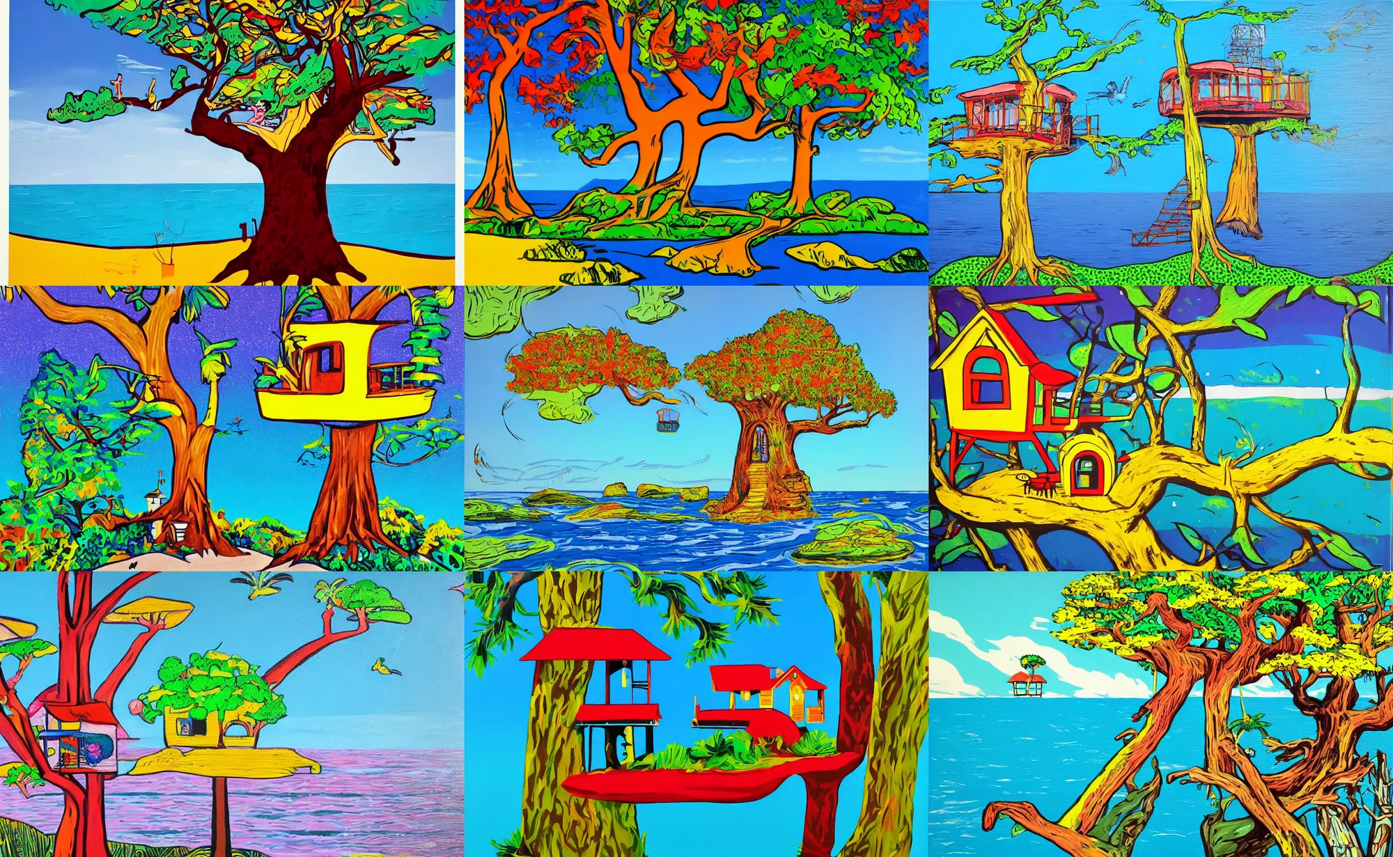 Prompt: pop art painting of a mystical island treehouse on the ocean