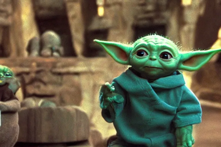 Prompt: promotional image of Baby Yoda in Harry Potter and the Philosopher's Stone (2001 film) standing in front of the Mirror of Erised and staring at his reflection, movie still, promotional image, imax 70 mm footage