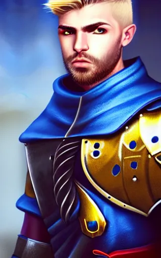 Prompt: a rugged young knight with blonde hair and blue eyes and a short beard and a scar under his left eye wearing a blue shirt steel pauldrons and a yellow cape and leather boots by Tony Sart, realistic, highlyt detailed, masterpiece, ArtStation