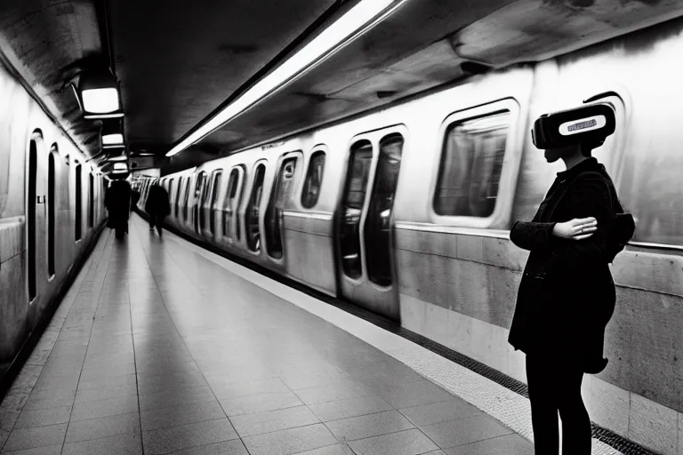 Image similar to girl in vr headset in a subway, richard avedon, tri - x pan, ominous lighting