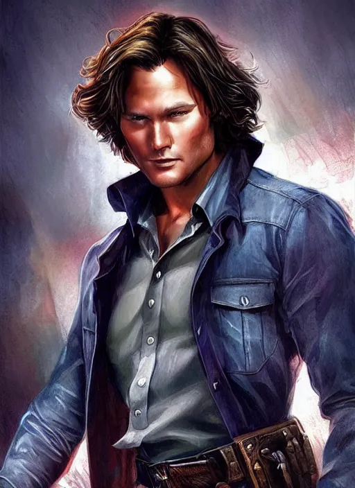 Image similar to handsome! Sam Winchester as a very masculine angel starring a urban fantasy romance book cover, D&D!, fantasy style, sharp focus!, ultra detailed, art by Artgerm and Peter Andrew Jones, WLUP