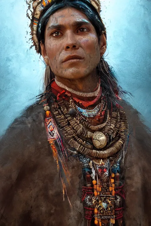 Image similar to aztec priest, close - up portrait, devoted, intricate, elegant, volumetric lighting, scenery, digital painting, highly detailed, artstation, sharp focus, illustration, concept art, ruan jia, steve mccurry