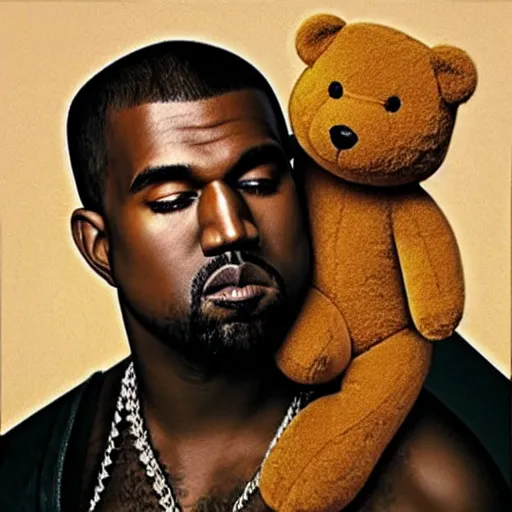 Image similar to A renaissance painting of Kanye West with a anthropomorphic Teddy Bear mascot, portrait, album cover,