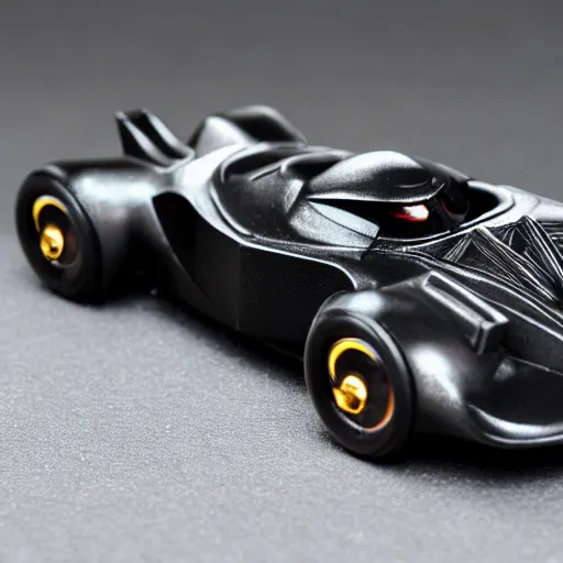 Image similar to 3 5 mm photo of metallic black batman car like hot wheels model with a batcave as background