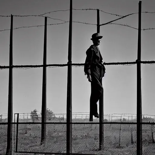Image similar to a man in front of a high wire fence, bauhaus, dystopian art