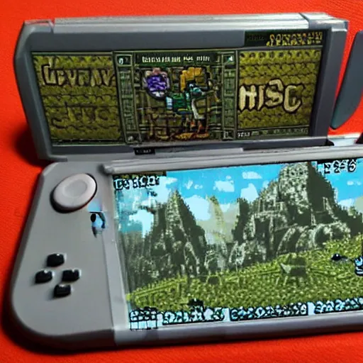 Image similar to Skyrim as a Gameboy color game, displayed on an old Gameboy