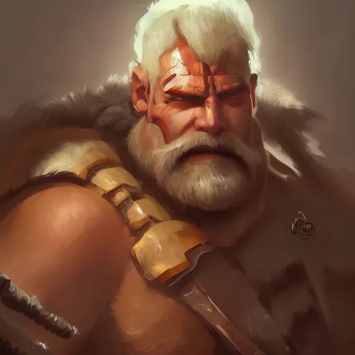 Image similar to portrait old barbarian warrior with trucker mustache and short hair, 8 k, trending on art station, by tooth wu and greg rutkowski