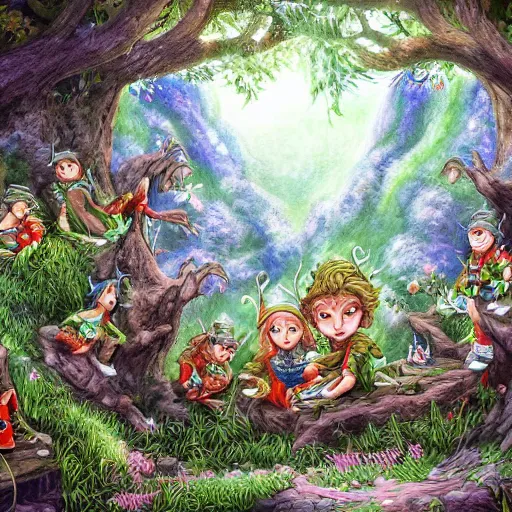 Image similar to highly detailed commune of hedonist elves. the elves are carefree and playful. digitally painted forest scene. The elves each have the face of famous musician !!!!!Ed Sheeran!!!!!. pixiv, artbreeder. high quality art